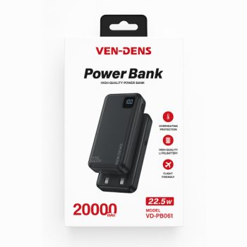 VEN-DENS Power Bank 20000mAh with Built-in Cables Fast Charge 22.5W VD-PB061 – Black