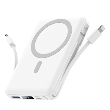 Yiisonger 15W Magnetic Wireless Power Bank 10000mAh with Built-In Cables – White